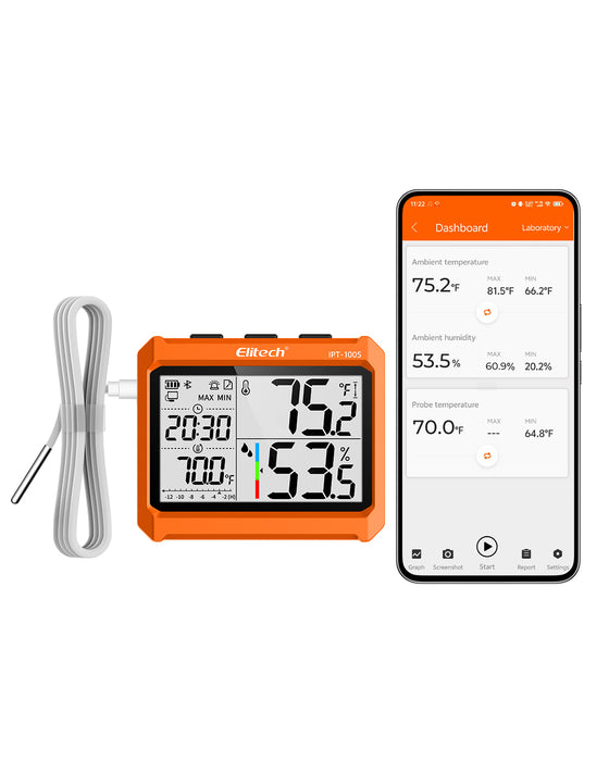 Elitech IPT-100s Hygromètre du thermomètre numérique, thermomètre de réfrigérateur avec sonde de température externe, exportation de stockage de données gratuite, 5000 points