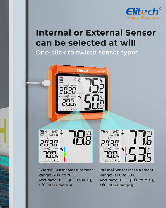Elitech IPT-100s Hygromètre du thermomètre numérique, thermomètre de réfrigérateur avec sonde de température externe, exportation de stockage de données gratuite, 5000 points