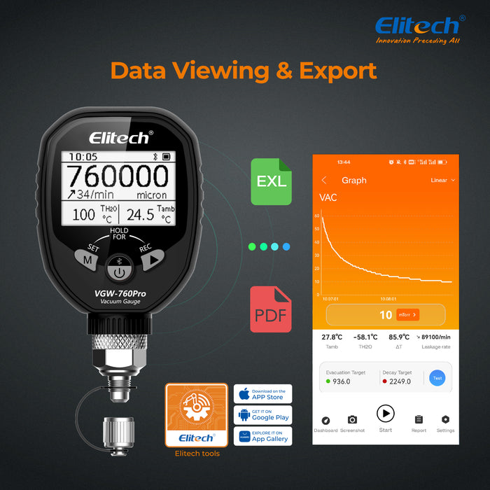 Elitech VGW-760Pro Jauge micronique à gamme complète, jauge à vide numérique sans fil avec adaptateur testeur de pression CVC, alarmes via application, enregistrement hors ligne, 1/4" SAE