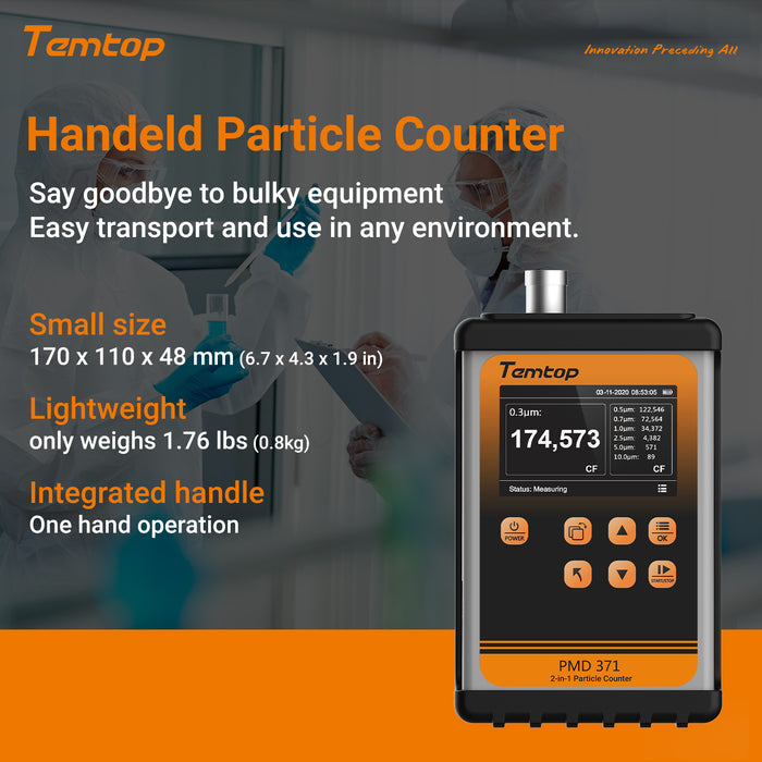 Temtop PMD 371 Moniteur d'aérosol Compteur de particules portable Moniteur de poussière, sept sorties de nombres de particules, concentrations de cinq types de particules