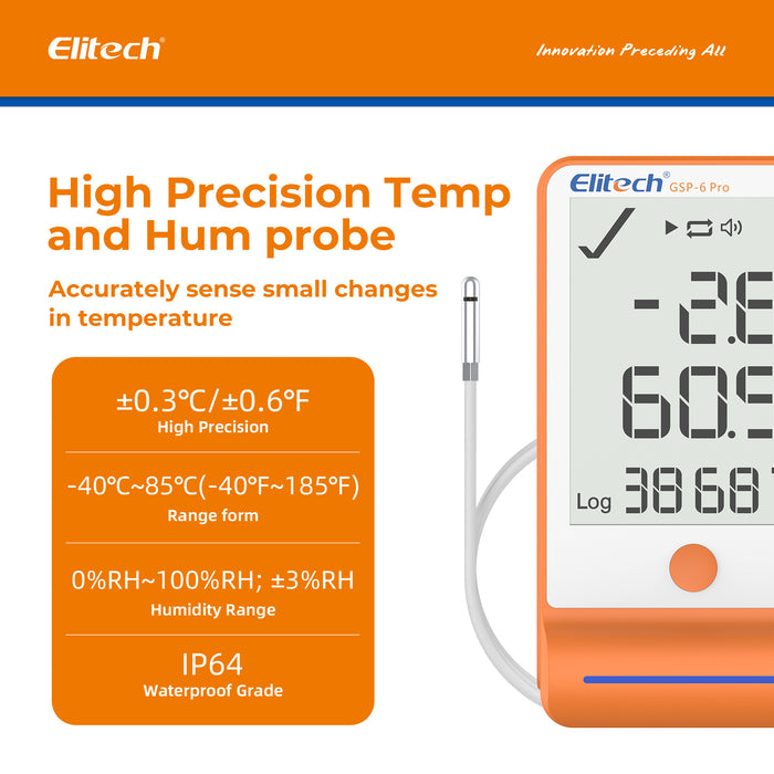 Elitech GSP-6Pro Bluetooth Temperature and Humidity Data Logger Recorder with Calibration Certificate, 100000 Points, Shadow Data