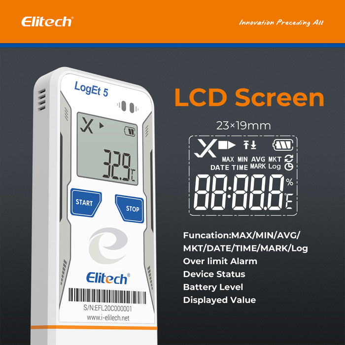 Elitech LogEt 5 L'enregistreur de données de température et d'humidité réutilisable avec sonde externe, données fantômes, rapport PDF/CSV automatique, 32 000 points