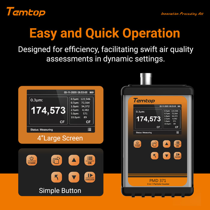 Temtop PMD 371 Aerosol Monitor Handheld Particle Counter Dust Monitor, Seven Outputs of Particle Numbers, Concentrations of Five Particles Types