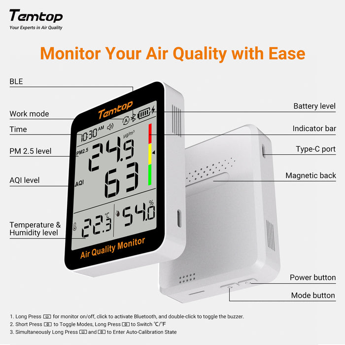 Temtop S1+ Bluetooth Indoor Air Quality Meter Temperature and Humidity AQI PM2.5 Monitor with APP Control