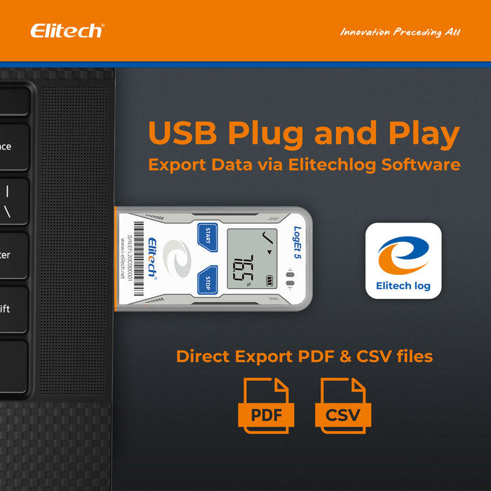 Elitech LogEt 5 L'enregistreur de données de température et d'humidité réutilisable avec sonde externe, données fantômes, rapport PDF/CSV automatique, 32 000 points