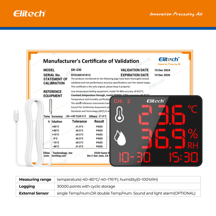 Elitech DR-230 Bluetooth Data Logger Alta precisión Termómetro de higrómetro digital 30000 Puntos