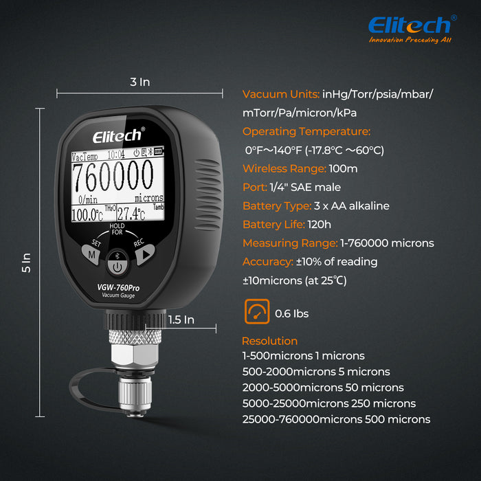 Elitech VGW-760Pro Jauge micronique à gamme complète, jauge à vide numérique sans fil avec adaptateur testeur de pression CVC, alarmes via application, enregistrement hors ligne, 1/4" SAE