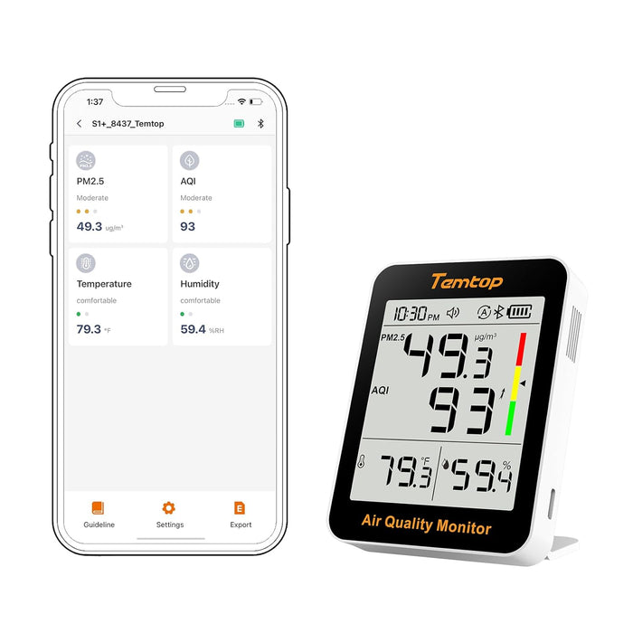 Temtop S1+ Bluetooth Indoor Air Quality Meter Temperature and Humidity AQI PM2.5 Monitor with APP Control