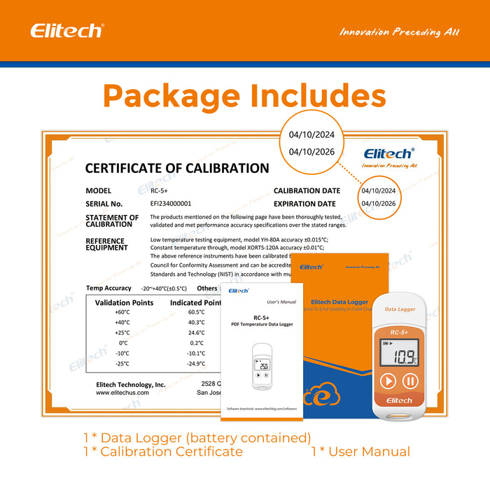 Registrador de datos de temperatura Elitech RC-5+, PDF Registrador de datos de temperatura USB, 32000 puntos, con calibración certificada