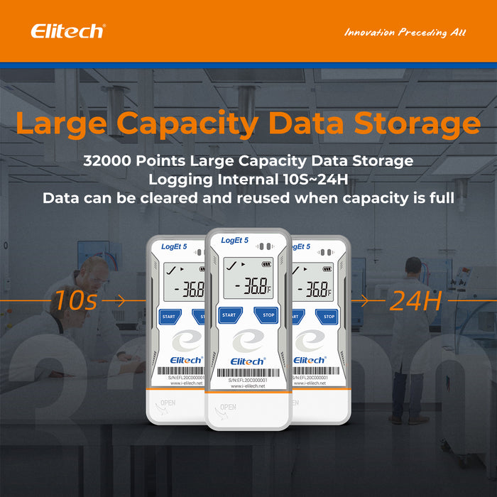 Elitech LogEt 5 L'enregistreur de données de température et d'humidité réutilisable avec sonde externe, données fantômes, rapport PDF/CSV automatique, 32 000 points