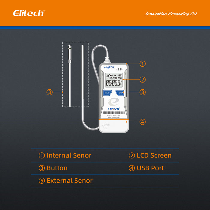 Elitech LogEt 5 L'enregistreur de données de température et d'humidité réutilisable avec sonde externe, données fantômes, rapport PDF/CSV automatique, 32 000 points