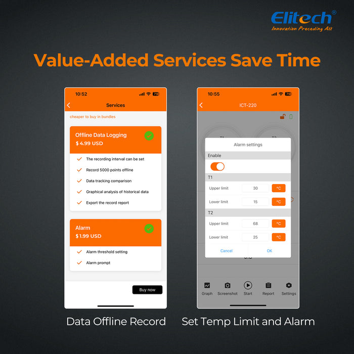 Elitech ICT-220 Dual-Thermoelement-Thermometer – Hochpräziser K-Typ-Temperatursensor mit App, schnelle Reaktion, geeignet für die Kälte-, Automobilwartungs- und Wärmepumpenindustrie