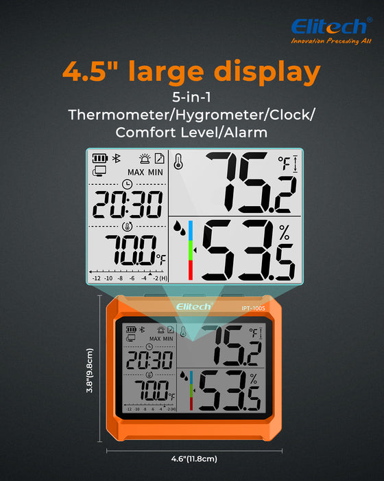 Elitech IPT-100s Hygromètre du thermomètre numérique, thermomètre de réfrigérateur avec sonde de température externe, exportation de stockage de données gratuite, 5000 points
