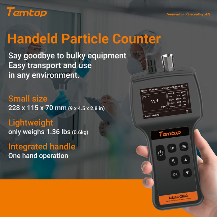 Monitor de polvo contador de partículas portátil Temtop Airing 2000, tres salidas de números de partículas 0,3 μm, 0,5 μm, 1,0 μm, concentraciones de tres tipos de partículas PM2.5, PM10, TSP, detector de temperatura y humedad