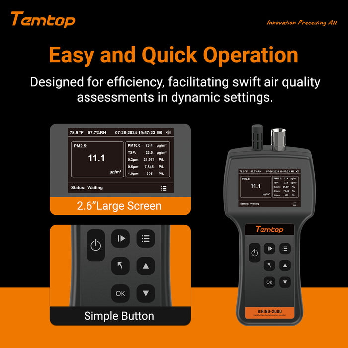 Compteur de poussière portable Temtop Airing 2000, trois sorties de nombres de particules 0,3 μm, 0,5 μm, 1,0 μm, concentrations de trois types de particules PM2,5, PM10, TSP, détecteur de température et d'humidité