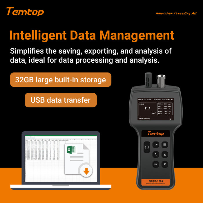 Temtop Airing 2000 Handheld Particle Counter Dust Monitor, Three Outputs of Particle Numbers 0.3μm, 0.5μm, 1.0μm, Concentrations of Three Particles Types PM2.5, PM10, TSP, Temp & Humidity Detector