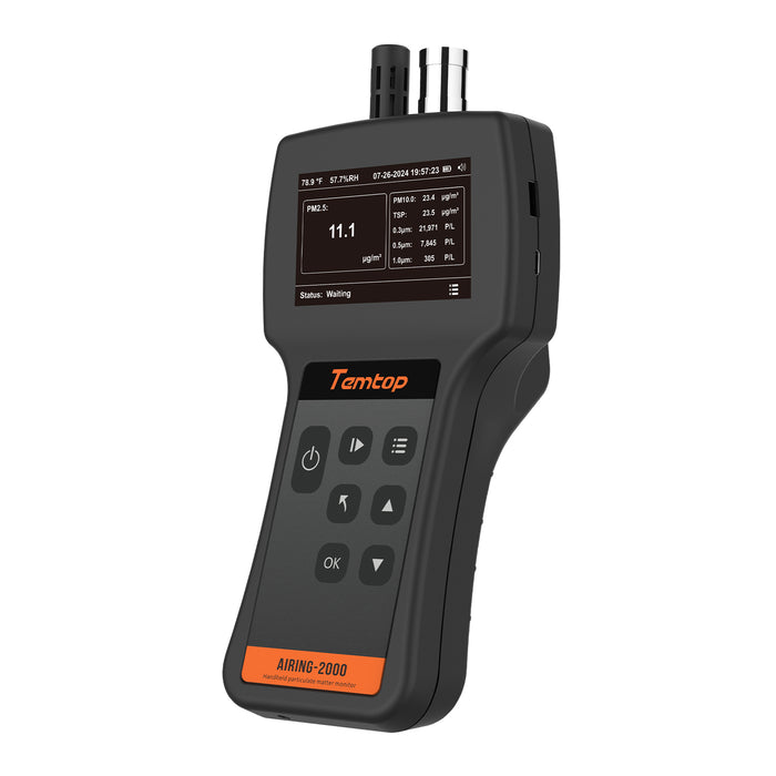 Temtop Airing 2000 Handheld Particle Counter Dust Monitor, Three Outputs of Particle Numbers 0.3μm, 0.5μm, 1.0μm, Concentrations of Three Particles Types PM2.5, PM10, TSP, Temp & Humidity Detector