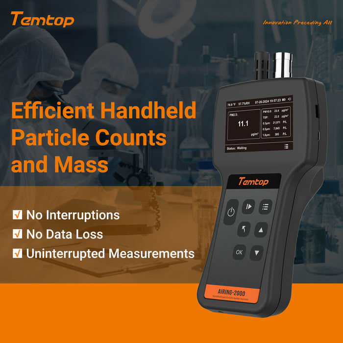 Temtop Airing 2000 Handheld Particle Counter Dust Monitor, Three Outputs of Particle Numbers 0.3μm, 0.5μm, 1.0μm, Concentrations of Three Particles Types PM2.5, PM10, TSP, Temp & Humidity Detector