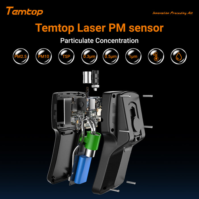 Compteur de poussière portable Temtop Airing 2000, trois sorties de nombres de particules 0,3 μm, 0,5 μm, 1,0 μm, concentrations de trois types de particules PM2,5, PM10, TSP, détecteur de température et d'humidité