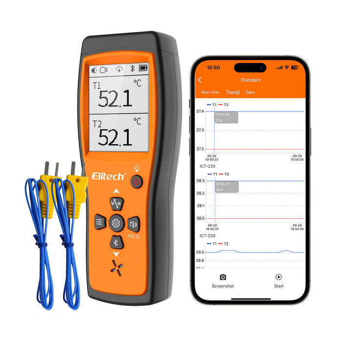 Elitech ICT-220 Dual-Thermoelement-Thermometer – Hochpräziser K-Typ-Temperatursensor mit App, schnelle Reaktion, geeignet für die Kälte-, Automobilwartungs- und Wärmepumpenindustrie