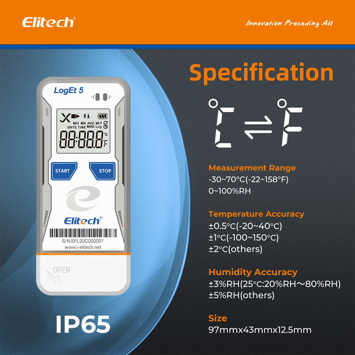 Elitech LogEt 5 TH Registrador de datos de temperatura y humedad Grabador reutilizable, datos de sombra, informe automático PDF/CSV, 32000 puntos