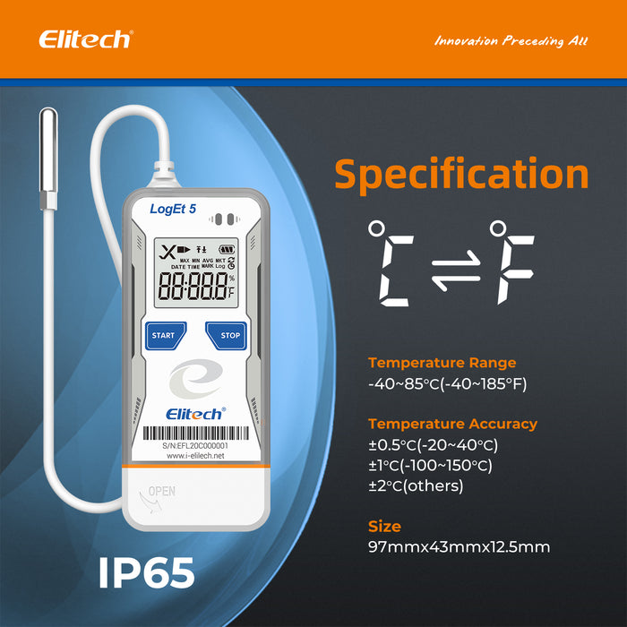 Elitech LogEt 5 L'enregistreur de données de température et d'humidité réutilisable avec sonde externe, données fantômes, rapport PDF/CSV automatique, 32 000 points