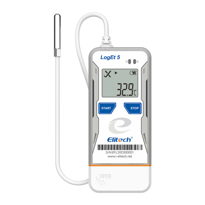 Elitech LogEt 5 L'enregistreur de données de température et d'humidité réutilisable avec sonde externe, données fantômes, rapport PDF/CSV automatique, 32 000 points